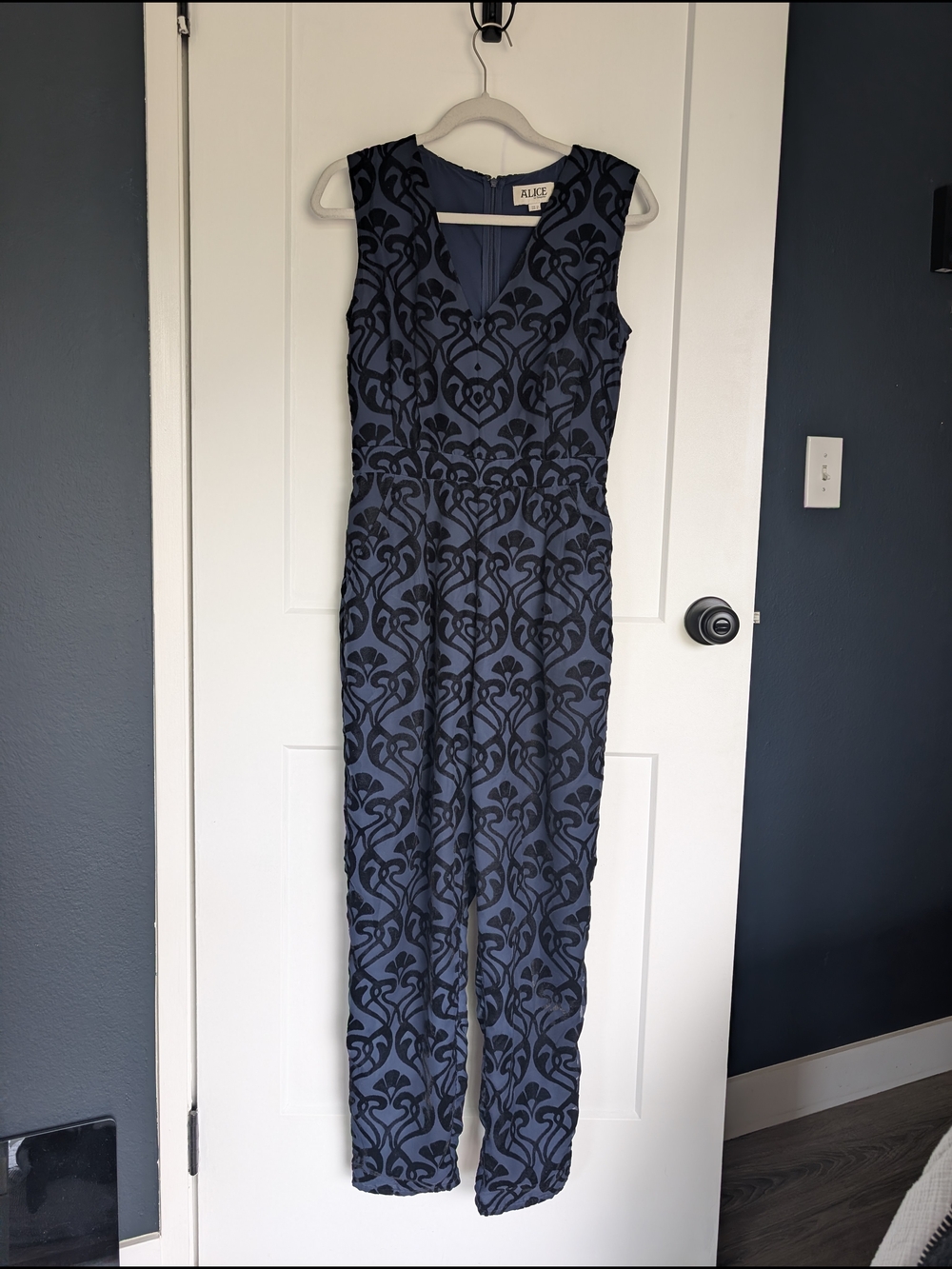 ALICE by Temperley Blue and Black Velvet Brocade Jumpsuit